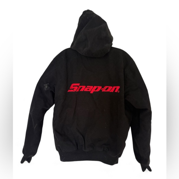 Snap On Tools Distressed Vintage Work Wear Hooded Logo Coat SzS Black - Picture 2 of 16
